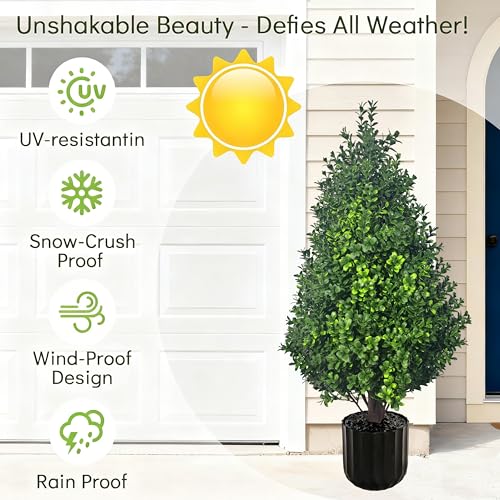 2PACK Artificial Potted Plants Boxwood Topiary Trees Outdoor Indoor with Planter,2.3FT Potted Faux Bushes in Pot Evergreen Fake Trees Outside Realistic for Front Door Porch Offices Garden - color: Boxwood Green