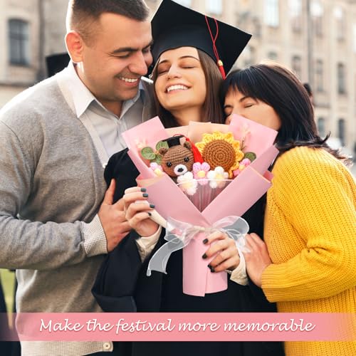 Graduation Crochet Flower Bouquet Set Includes Knitted Bear Knitted Sunflower Daisy Eucalyptus Greeting Card Gift Bag 2026 Pink Flower Bouquet Graduation Gift - color: Pink, style: Knitted Bear and Sunflowers