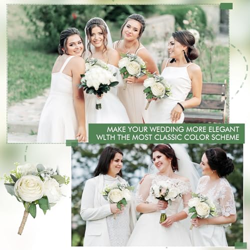 SEMONONIA Wedding Bridesmaid Bouquet Flower 1 Pack - Ivory White Artificial Flowers Bouquet Rustic Small Floral Centerpieces for Marriage Proposal Party Anniversary Dining Table Decorations -7inch - color: White, size: 1pcs Bouquets