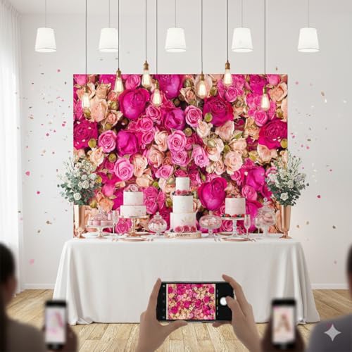 Ticuenicoa 6x6ft Pink Red Rose Flowers Photography Backdrop Valentine's Day Photo Background Baby Shower Wedding Birthday Decoration Bridal Shower Wedding Blossoms Roses Wall Art - size: 6x6ft