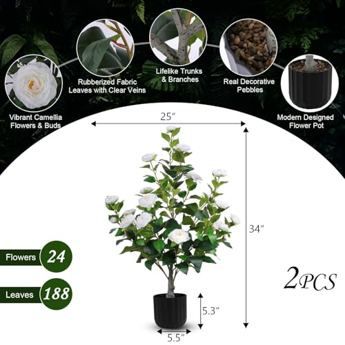Hananona 2 Pcs Artificial Camellia Trees Faux Camellia Plant in Pot with Flowers Indoor Plants for Spring Home Decor Outdoor Porch Front Door Decor (White, M) - color: White