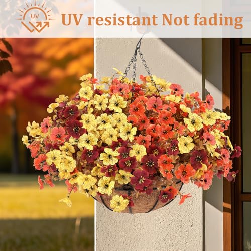 Geegoods 2 Set Artificial Hanging Basket Fall Flowers for Outdoor, Fake Faux UV Resistant Look Real Mixed Mums Plants for Autumn Porch Patio Balcony Yard Home Decor - color: Mix 3 Colors-2packs, size: 2 Packs