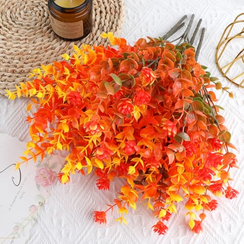 AGIRL 12 Bundles Artificial Fall Flowers Outdoor Indoor Decoration,No Fade Autumn Fake Plastic Plants with Eucalyptus Leaves,Faux Mums for Thanksgiving Garden Front Door Porch Patio Fall Decor - color: Orange Eucalyptus, size: 12