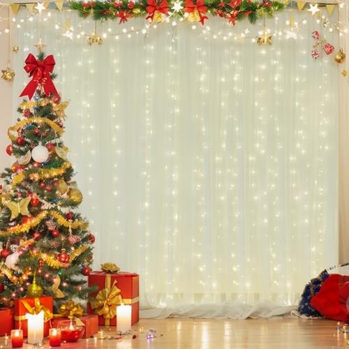 10ft x 8ft Ivory Backdrop Curtain with Lights String for Parties, Sheer Tulle Wedding Photo Backdrops Drapes for Baby Shower Birthday Party Decorations Background for Photography - color: Ivory, size: W5' x H8'(2 panels)
