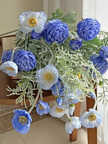 Set of 6 Light Blue Silk Poppy Flowers Artificial with Stems Silk Poppies Bouquet Faux Ranunculus Artificial Flowers for Wedding Party Home Office Indoor Decoration (Light Blue) - color: Light Blue