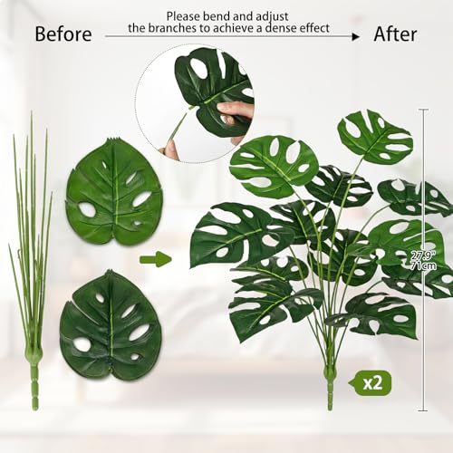 Hollyone 2PCS Artificial Monstera Plants Leaves 28" Fake Tropical Monstera Bush Tree Leaf Large Faux Greenery Stem Shrubs for Indoor Outdoor Home Garden Arrangement Jungle Safari Wedding Party Decor - color: Monstera #2, size: Bushes