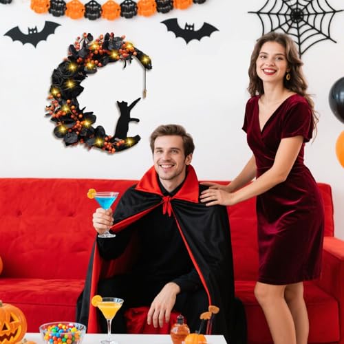 Halloween Wreaths for Front Door, Flower Moon Cat Halloween Home Decoration, Family Gathering Decoration Wreath，Outdoor, Wall, Closet, Fence, Wreath Christmas (Little Fruit) - color: Little Fruit