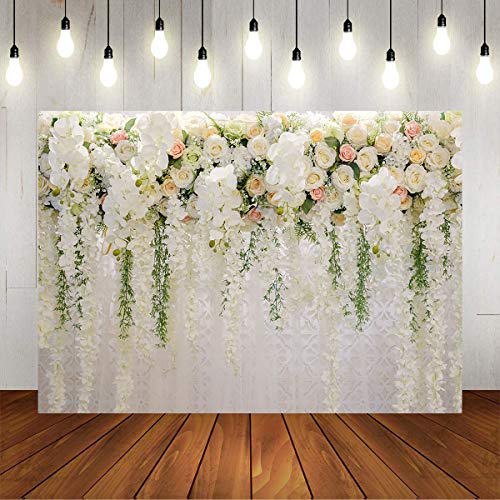 Mocsicka Wedding Flower Backdrop Wall Floral Bridal Shower Backdrops for Photoshoot Wedding Decoration for Reception White Rose Floral Photography Background Banner (5x3ft) - size: 5x3ft