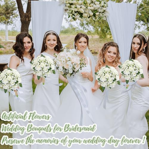 Set of 4 Bridesmaid Bouquet White Wedding Flowers Bouquets - Artificial Rose and Baby's Breath Rustic Small Floral Bouquet for Bridesmaid Fake Sage Green Boho 7 inch Wedding Decor - color: White Rose, size: Set of 4 Bridesmaid Bouquets