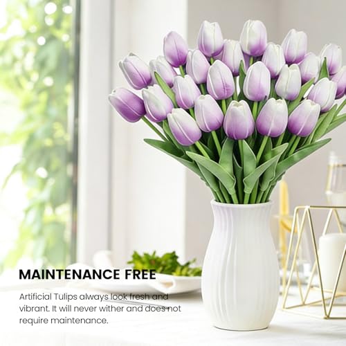 30 PCS Artificial Tulips Real Touch Tulips 13.5inch Long Stem Fake Flowers Silk Flowers for Spring Easter Mother's Day Decorations（Light Purple） - color: Light Purple