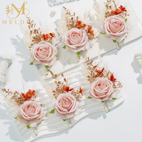 Pink Velvet Rose Boutonniere for Men,Set of 6,Groom and Best Man Boutonnieres with Artificial Flower,for Wedding Ceremony Anniversary, Formal Dinner Party, Fall Vintage Rustic Marriage Prom - color: 6pcs Pink Boutonnieres