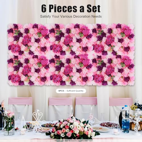 Flower Wall Backdrop 6-Panel Set, 3D Artificial Silk Flower Panels with Dahlia, Hydrangea & Eucalyptus - Pink Purple Flower Wall for Wedding Backdrop, Party Decor - color: Pink, Purple