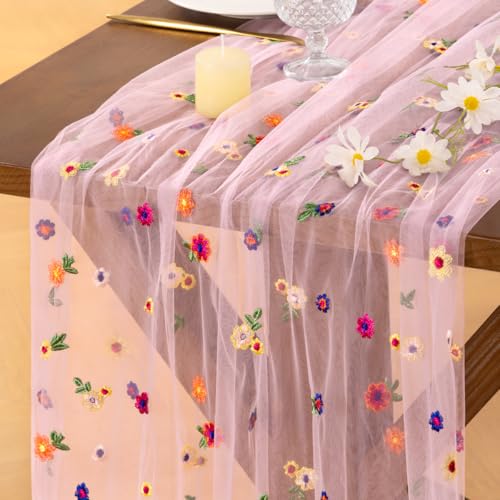 Socomi Flower Table Runner Summer Daisy Floral Tulle Gauze Cheesecloth Embroidery Table Runners for Tea Party Garden Wedding Bridal Baby Shower Birthday Picnic Decor Pink 3pcs - color: Daisy Pink, size: 10ft X 3pcs