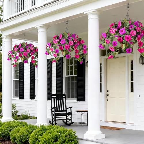 Artificial Petunia Flowers with Hanging Basket for Outdoors, 3 Pcs Fake Hanging Flowers UV Resistant Faux Silk Plants for Garden Porch Yard Patio Realistic Home Spring Decor(Purple Fuchsia) - color: F-fuchsia Basket