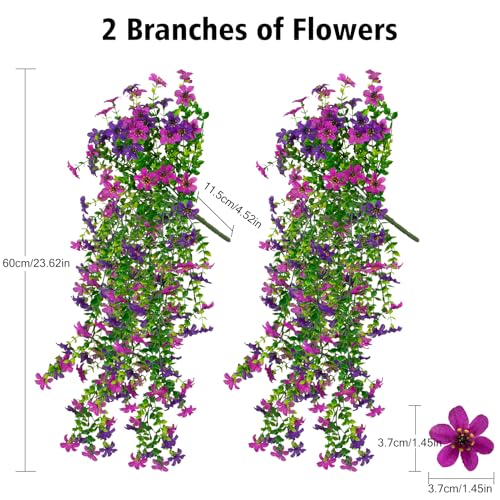 CCILAND 2 PCS Artificial Hanging Flowers for Outdoors, Fake Flower Plants UV Resistant Faux Hanging Spring Flowers for Home Porch Garden Patio Yard (Double Purple) - color: Mix Light Purple and Purple