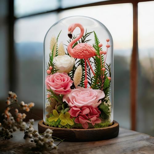 Eternal Flowers with Flamingo-Big Flower Big Love- Graduation Flowers Gifts for Daughter Wife Mom-Forever Flower in Glass Dome-Flowers for Delivery Prime on Anniversary Valentines Birthday (Pink) - color: Pink