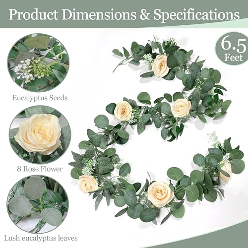 2 Pack Spring Artificial Eucalyptus Flower Garland with Champagne Roses, 13FT Fake Flower Greenery Floral Vines Green Garland for Wedding Arch Table Runner Backdrop Mantle Home Decorations (Champagne) - color: Champagne & Green (2p)