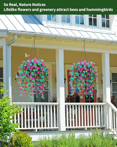 2 Pack Artificial Hanging Flowers Basket Set, Cascading Morning Glory | Artificial hanging flowers for porch,Patio,Garden,outdoor decorations,24 stems, 10in baskets and no watering - color: 2 Pack Baskets/Teal+purple