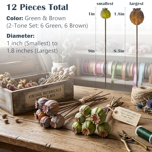 Artificial Flowers -12Pcs Artificial Poppy Pods, Real Touch Flowers for Bathroom,Coffee Table,Wedding, Home,Party Decoration,Table Centerpiece Arrangement (Green & Brown,No Include Vase)