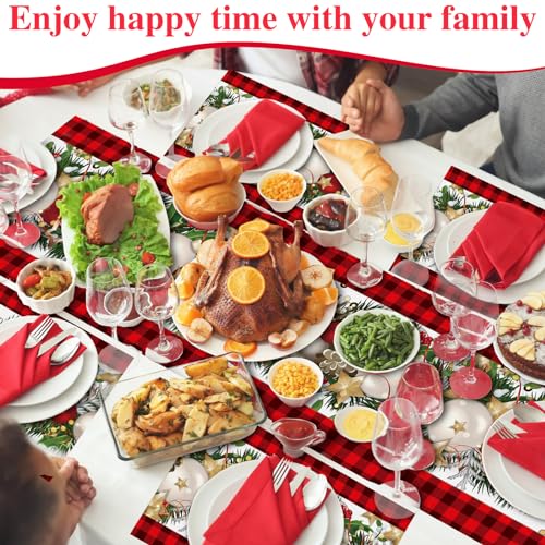 VitalCozy 7 Pcs Christmas Table Runner and Placemat Set 72 x 13 Inch Buffalo Plaid Runner Xmas Poinsettia Table Mat for Holiday Kitchen Dining Decoration(Plaid,Red Black) - style: Plaid