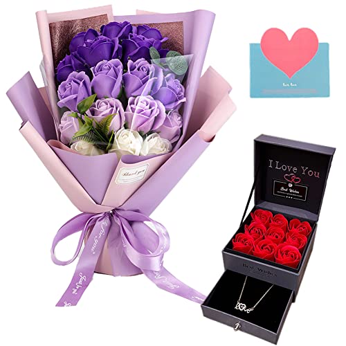 EIGHTOWN Roses Bouquet Fake Artificial Flower - Preserved Red Flowers with Love Necklace for Her - Unique Gifts Valentine's Day, Mother's Day, Thanksgiving, Birthday, Anniversary - color: Purple
