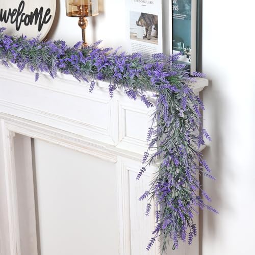 TOCHGREEN 6FT 2PCS Spring Summer Lavender Garland Artificial Purple Flower Garlands Faux All Year Lavender Garlands for Home Indoor Door Mantle Window Wall Arch Farmhouse Wedding Stair Table Decor - color: 2pcs