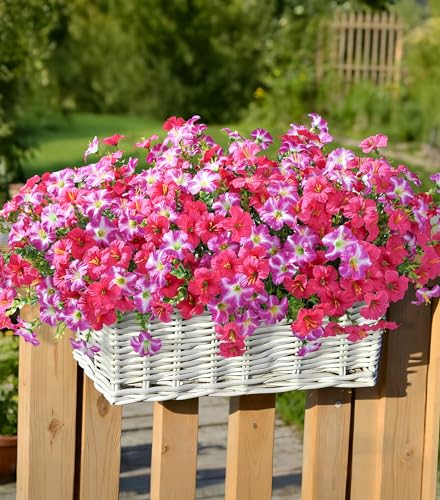 Artificial Flowers for Outdoors Fake Plants Outside Decoration, 20 Bundles Silk Petunia with Eucalyptus UV Resistant Realistic Faux Flowers for Outdoor Planters Garden Balcony Yard Porch Patio, Mix - color: 10 Gradient Fuchsia, 10 Fuchsia