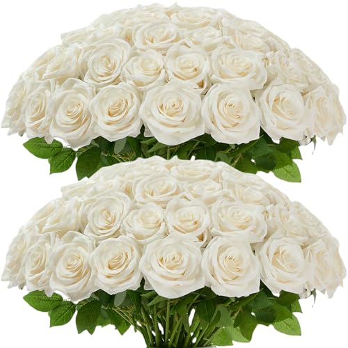 50pcs Ivory Roses Artificial Flowers Bulk Fake White Roses Silk Flower with Stems Realistic Flowers for Wedding Centerpiece Party Birthday Decor - color: 50pcs Ivory