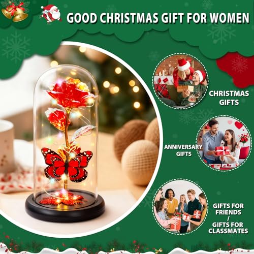 Gifts for Mom Birthday Gifts for Women Red Rose Eternal Flower Light Up Rose in Glass Dome with Butterfly, Galaxy Crystal Flowers Gifts for Grandma Wife Daughter Her Delivery Prime - color: Rose Red