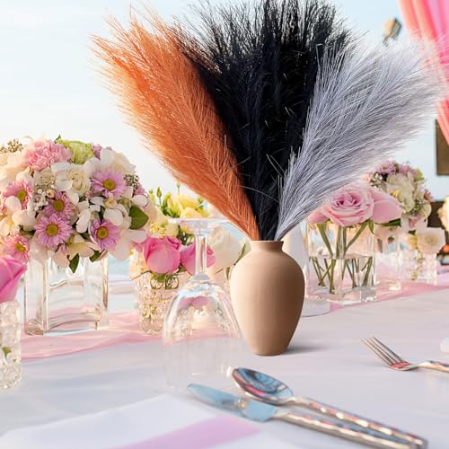 Pampas Grass Decor, Fluffy Faux Pampas Grass 6 Stem 18"/45cm Pompous Grass Small Flower Arrangement and Vase Filler for Boho Home Wedding Decoration - color: Black& Yellow Curry& Light Gray