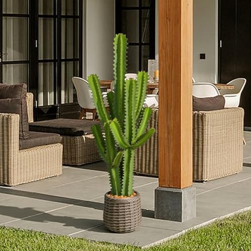 Artificial Cactus Plants, 4ft Tall UV-Resistant Fake Desert Cacti Plant in Brown Pot, Faux Floor Plants for Home Office Hotel Patio Balcony or Garden Indoor Outdoor Decor - size: 49"