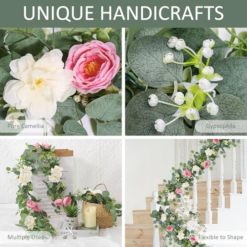 TOCHGREEN 2 Pack 13Ft Artificial Eucalyptus Flower Garland with Pink Roses White Flowers, Fake Rose Flower Greenery Garland Floral Vines for Wedding Home Party Table Runner Decor (White Pink, 2PCS) - color: White Pink, size: 2PCS
