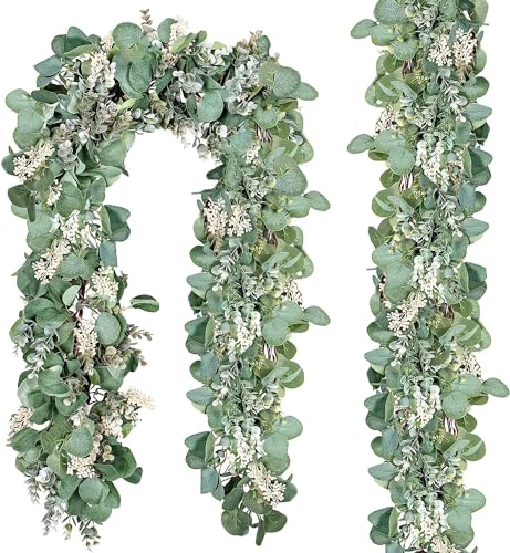 Ouddy Decor 2 Pack Eucalyptus Garland Total 13.1 Ft Lush Silver Dollar Leaves Boxwood with White Buds Artificial Faux Greenery Vines for Baby Shower Wedding Party Table Runner Room Home Mantle Decor - color: White, size: 2 Pack