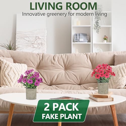 2 Pack Small Fake Plants Potted Artificial Plants Artificial Flowers Potted Faux Flower Daisy with Eucalyptus Leaves for Home Decor Office Room Farmhouse Indoor Table Bathroom Decor（Purple&magenta） - color: Purple and Magenta