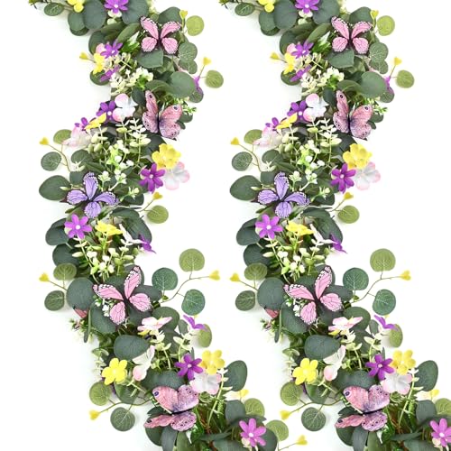 Waipfaru 2Pcs Eucalyptus Garland with Daisy 3D Butterfly, Green Garland with Flowers, 5.9FT Artificial Faux Eucalyptus Leaves Vines for Table Mantle Home Wedding Party Indoor Outdoor Decor - color: Butterfly Eucalyptus, size: 2Pcs