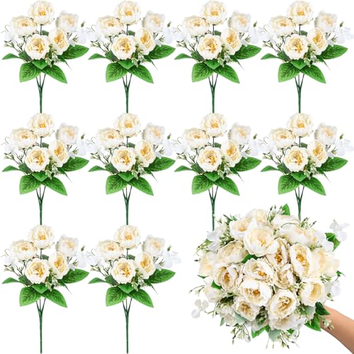 Olgaa 12 Bundles Peonies Artificial Flowers Fake Peony Bouquet Faux Peonies Flowers Bulk with Stems Flower Balls for Centerpiece Table Decorations Wedding Bridal Floral Arrangement (White) - color: White