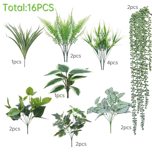 16 Bundles Artificial Greenery Stems for Outdoors Faux Plants UV Resistant Fake Leaves Bushes with Hanging Plants for Outside Porch Window Box Home Garden Decor (13.8") - color: Mixed 16pcs
