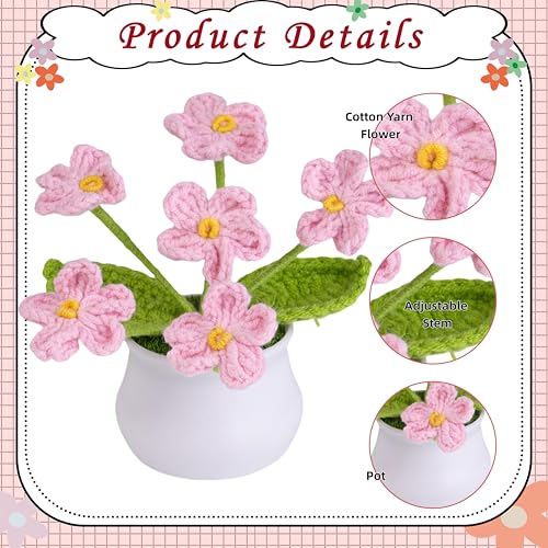 LAIDANLA Crochet Flowers Forget Me Not Light Pink Handmade Knitted Flower Potted for Desk, Anniversary Birthday Graduation Appreciation Small Gifts for Women Teacher Coworker Mom Friend - color: Light Pink