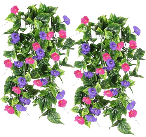 GTIDEA 4Pcs Fake Vines 30Feet Artificial Hanging Morning Glory Flower Garland Mixed Color Faux Vines for Outdoors for Wall Fence Indoor Wedding Decor - color: Purple & Red-4pcs