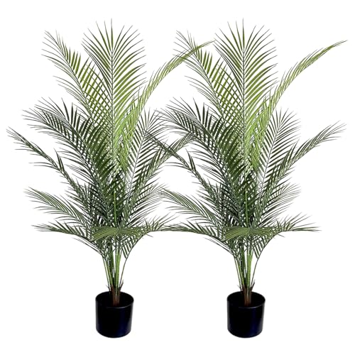 Artificial Palm Tree 4FT Fake Palm Tree with 15 Trunks Perfect Faux Dypsis Lutescens Plants in Pot for Indoor Outdoor House Home Office Garden Modern Decor Housewarming Gift (2Pack) - size: 4FT