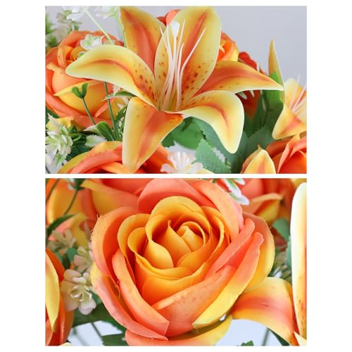 2 Set Artificial Cemetery Flowers with Grave Vase-2 Bunches Lilies & Rose Mixed Orangish Yellow Silk Memorial Flowers-2 Cemetry Vase with Foam for Outdoor Headstones Gravesite Graveyard Decorations - color: Orangish Yellow