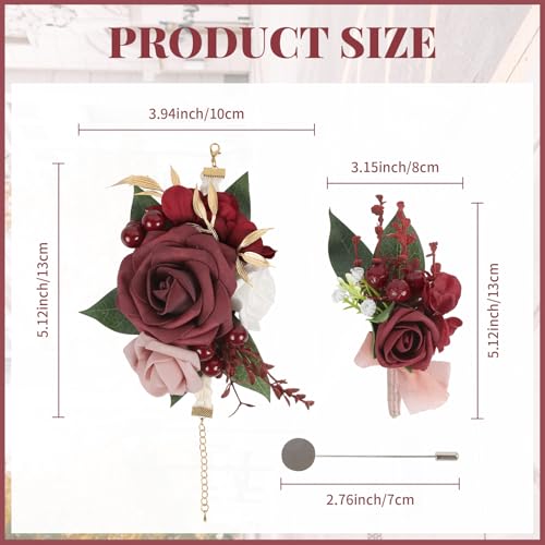 2Pcs Wedding Corsage and Boutonniere Set Burgundy Rose Corsage Wristlet and Boutonniere for Men Women Groom Bride Bridesmaid Groomsmen Wedding Party Accessory Prom Decoration (Burgundy) - color: Burgundy