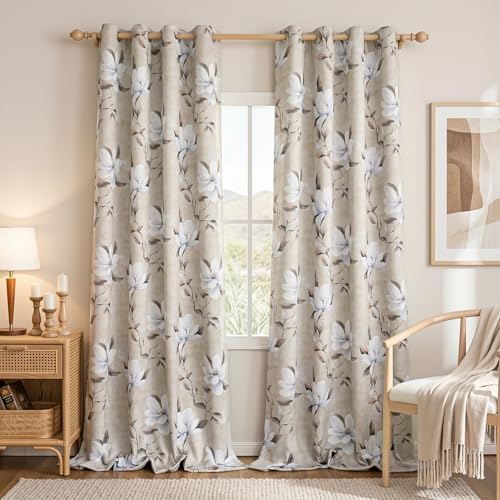MYSKY HOME Floral Boho Blackout Curtains 54 Inch Length 2 Panels Set Black Out Thermal Insulated Room Darkening Printed Flower Grommet Window Drapes Bedroom Living Room, Pack-2, 52"W Each Panel, Khaki - color: Khaki, size: 52"W x 54"L (Pack of 2)