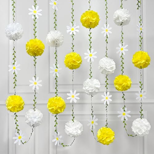Daisy Party Decorations Yellow White Tissue Flowers Pom Pom Daisy Hanging Leaf Garland Streamer Banner for Spring Summer Themed Birthday Baby Shower Wedding Tea Party Supplies Home Garden Decor - color: Yellow White Daisy