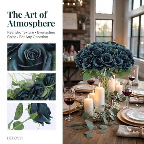 52pcs Emerald Green Roses Artificial Flowers Fake Flowers Silk Roses with Stems for DIY Wedding Bouquets Bridal Shower Centerpieces Arrangements Party Decorations - color: Emerald Green