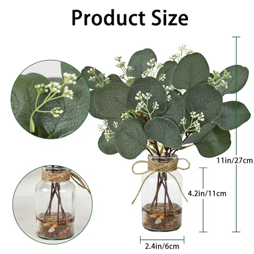 2 Pack Artificial Eucalyptus Stems in Glass Vases, 11" Fake Plants with Faux Water Stones, Small Faux Plants for Kitchen Bathroom Shelf Coffee Table Decor (DarkGreen) - color: Darkgreen