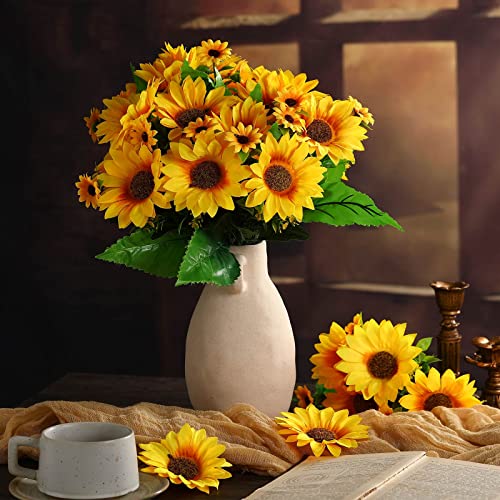 Redbaker 24 Bundles Yellow Little Sunflower Faux Mums for Outdoor Artificial Flower with Stems Bouquet Fake Plants Bulk UV Resistant Plastic No Fade Wedding Fall Garden Home Window Decor - color: Yellow, size: Little Sunflower
