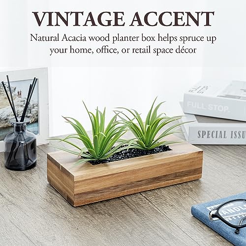 MyGift 10 Inch Artificial Green Grass Plants in Deluxe Acacia Solid Wood Decorative Planter Pot, Faux Greenery in Rectangular Wooden Container - color: Brown, size: 9.5 Inch