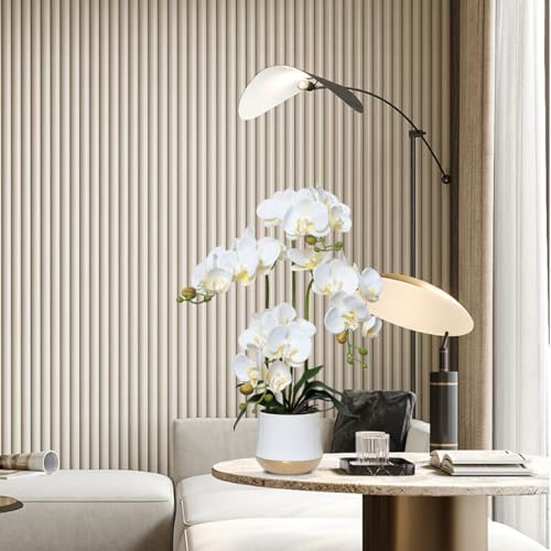 Artificial Orchid Flowers in Ceramic Vase Realistic White Faux Orchids 19.5 Inch Fake Phalaenopsis Plant Arrangements for Home Indoor Centerpiece Decor (Set of 4 Stems) - color: White, size: 14CM- WhiteGolden