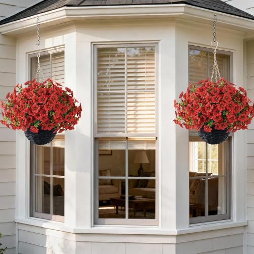 VIERENA 2 Sets Artificial Morning Glory and Eucalyptus Hanging Basket for Outdoor, UV-Resistant Fake Flower Hanging Basket, Suitable for Porch, Aisle, Garden, Patio, Eaves Decor (Red) - color: Red